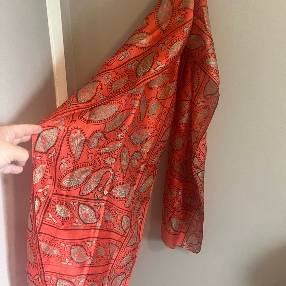 Hand woven silk scarf made in India orange and moss green paisley 64x17